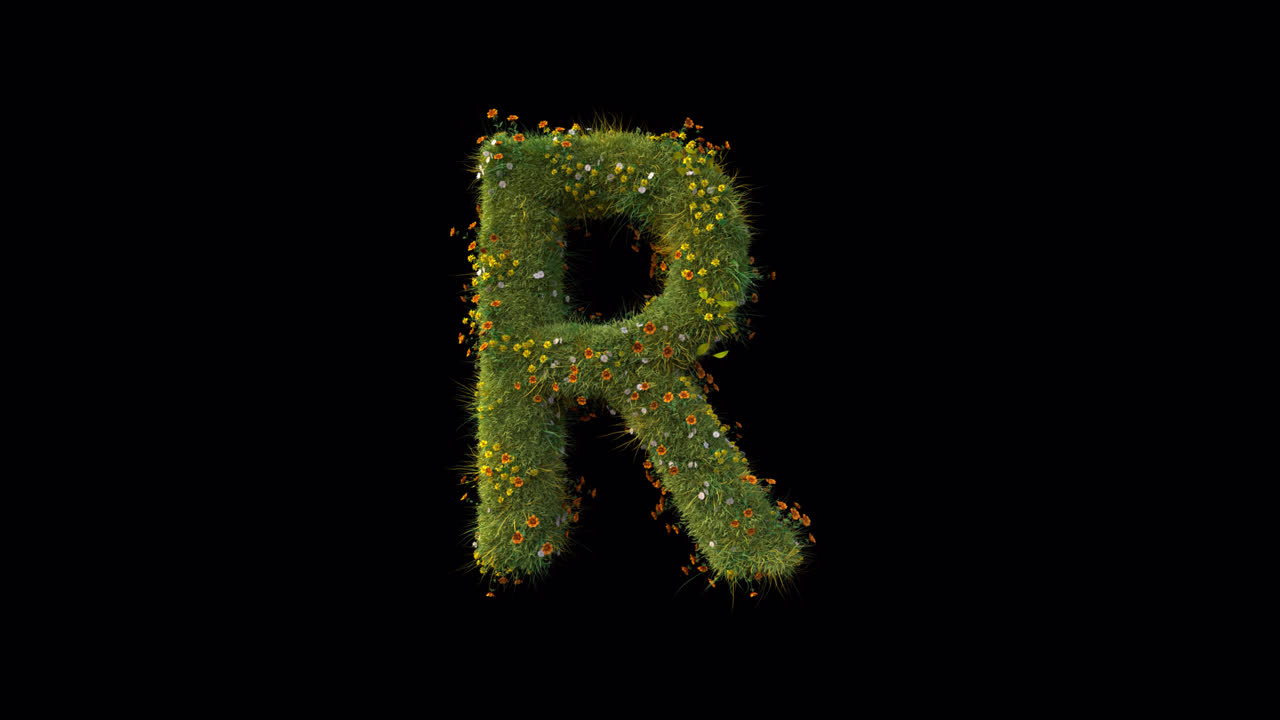 Lettera R che nasce da erba e fiori su sfondo nero