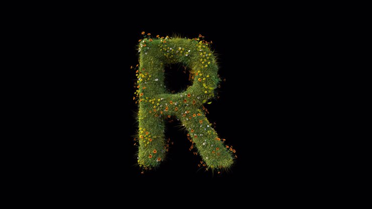 Lettera R che nasce da erba e fiori su sfondo nero