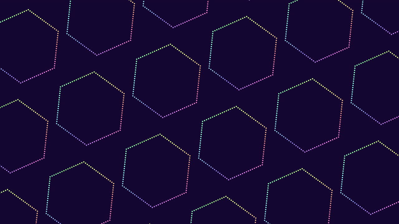A visually striking geometric pattern of hexagons in gradient colors of purple, blue, and green arranged in a grid, creating a mesmerizing tiled effect