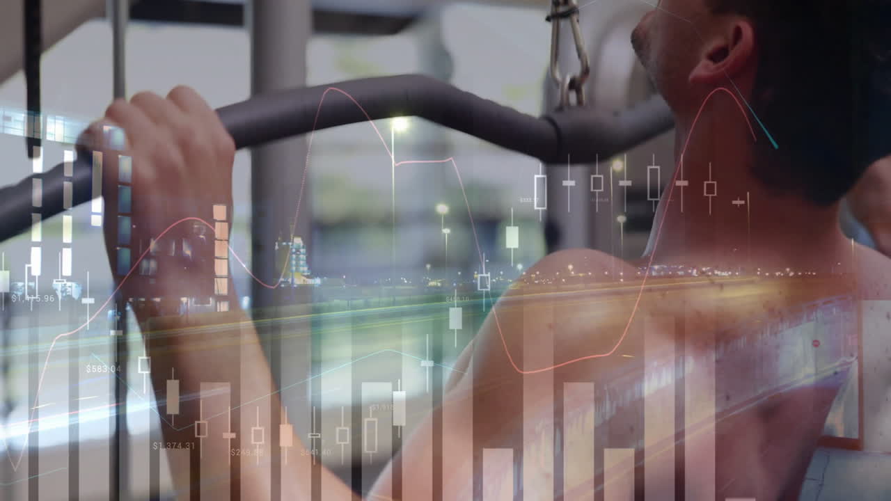 Financial data charts and graphs animation over person exercising in gym