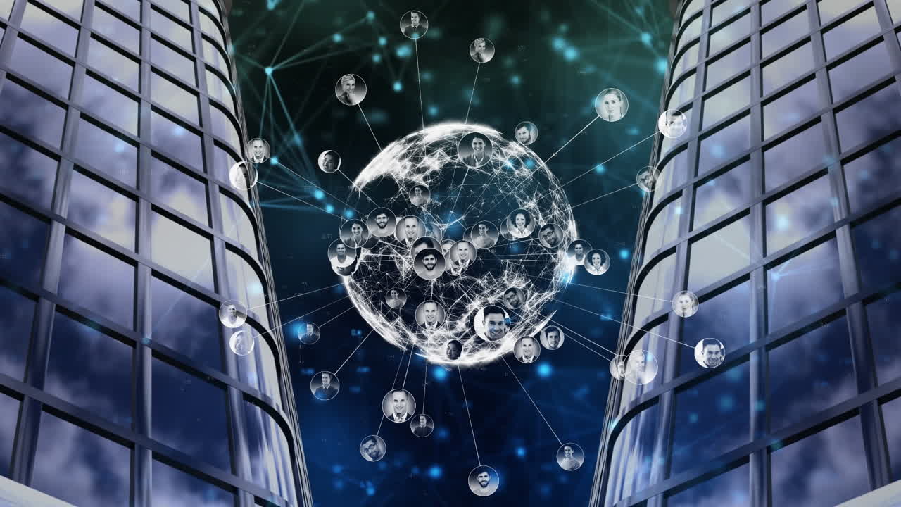 Globe of network of profile icons spinning against tall buildings in background