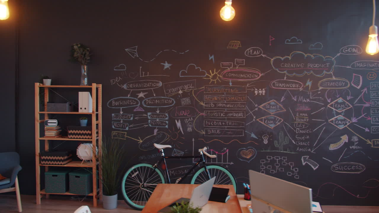Modern Creative Workspace with Chalkboard Plans