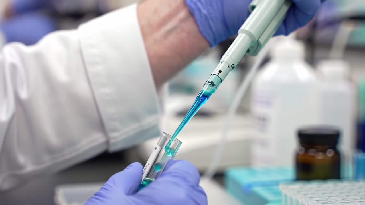 A Detailed Observation of Precision Liquid Handling Techniques in a Laboratory Setting, Focusing on Pipetting and Sample Preparation for Scientific Analysis