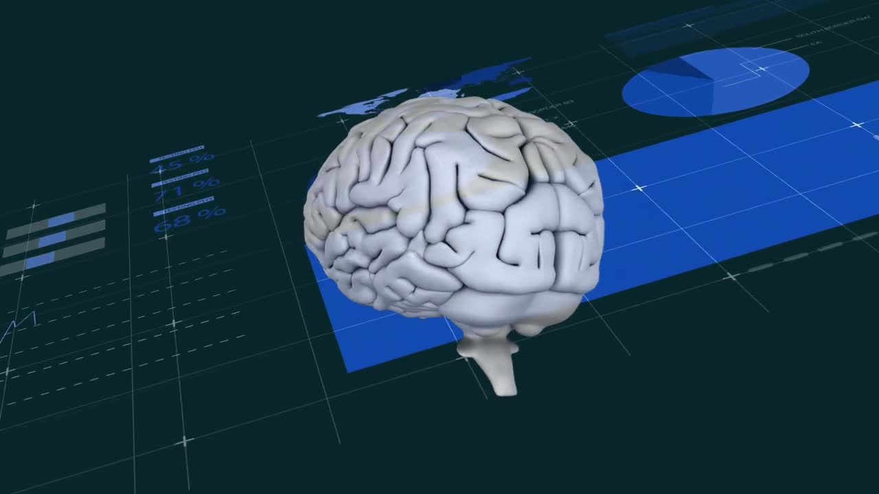 Animation of human brain over infographic interface against black background