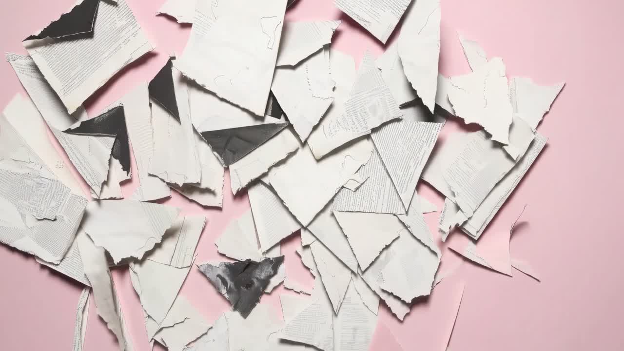 Top-down video angle of torn paper collage on a beige background, showcasing a textured, abstract