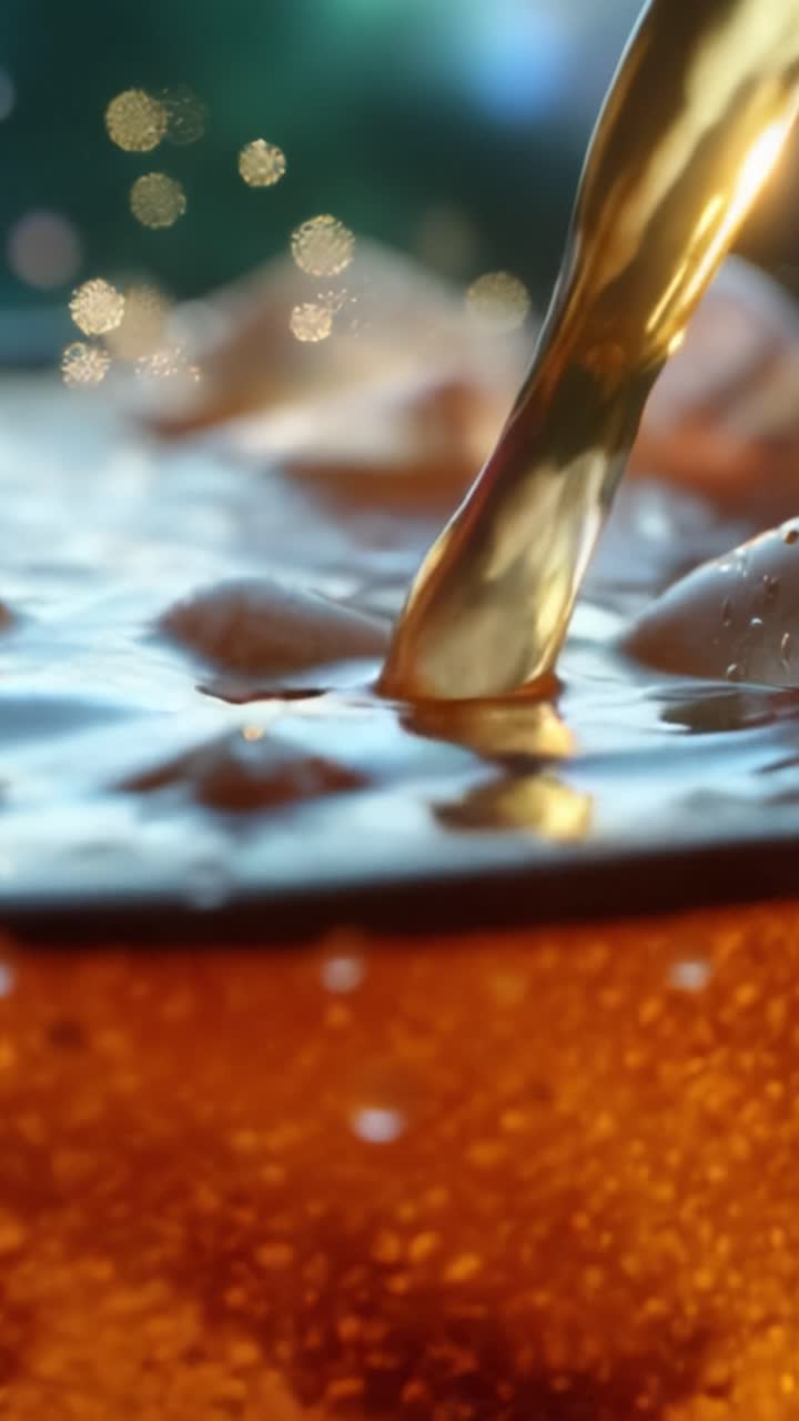 Primo piano di una bevanda rinfrescante versata sul ghiaccio con bollicine frizzanti e una superficie scintillante che cattura l'essenza di un fresco ristoro
