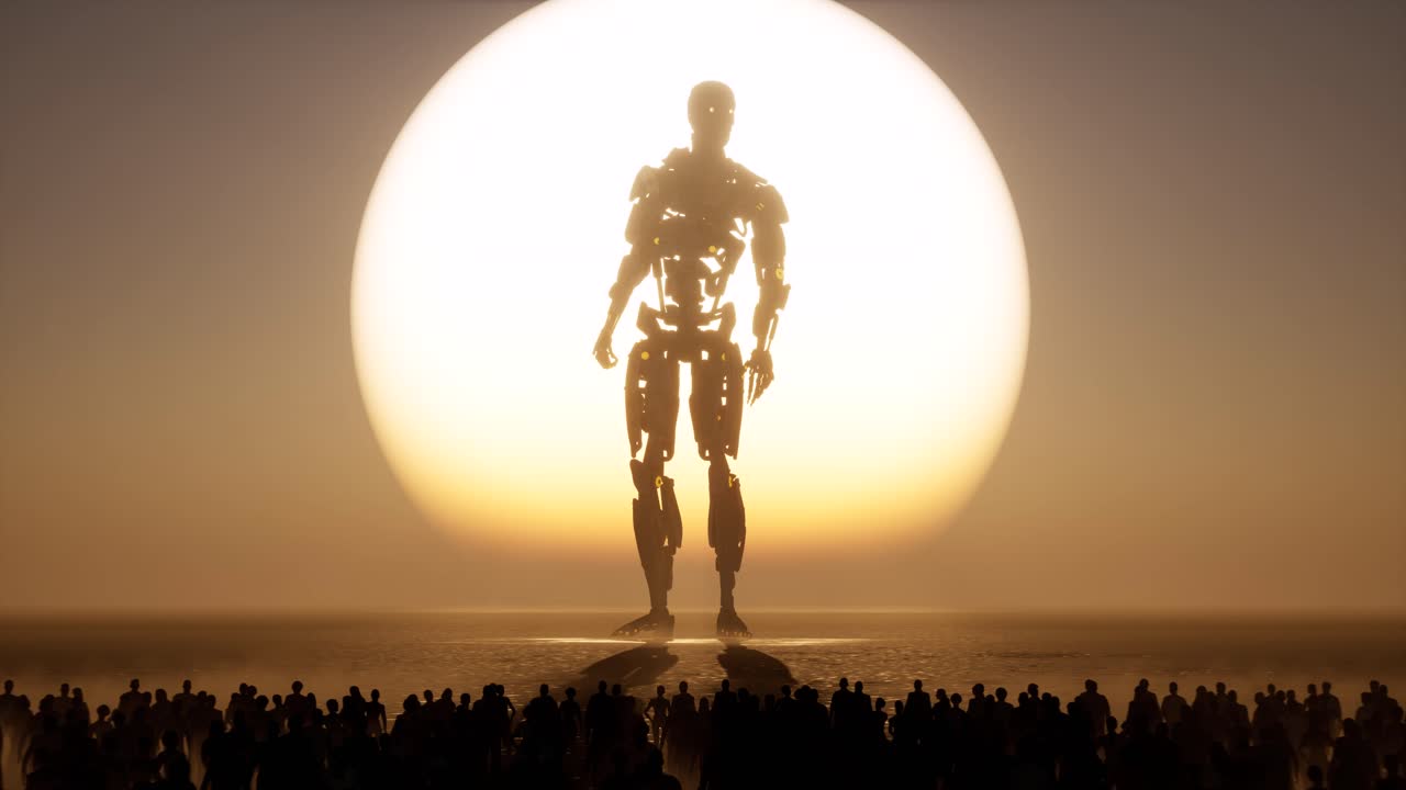 거대한 인공 지능 사이보그가 큰 태양 앞에 서 있고, 많은 사람들이 그것을 보고 있고, 3d 애니메이션 카메라가 빠르게 축소됩니다.