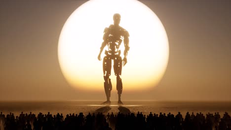 a huge artificial intelligence cyborg standing in front of a large sun, with crowd of people looking at it, 3d animation camera zoom out fast