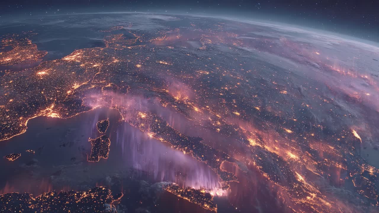 Aerial View of Europe at Night: Stunning Display of City Lights and Natural Phenomena from Space, Showcasing Urban Landscapes and Atmospheric Effects