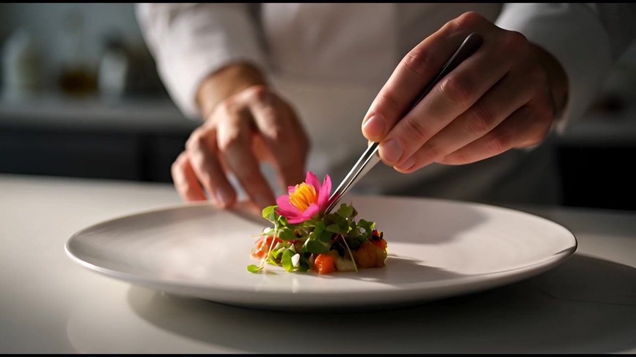 Chef Plating Gourmet Dish with Edible Flower in Professional Kitchen
