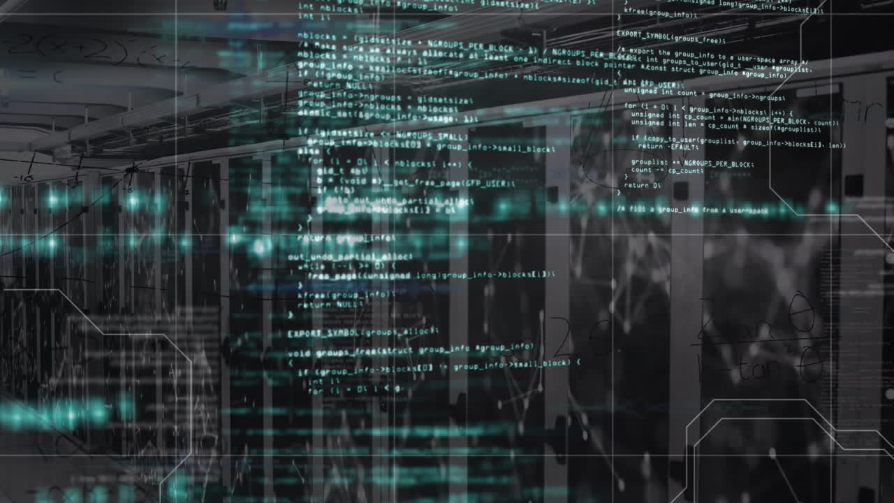 Animation of computer language over connected dots against server room in background