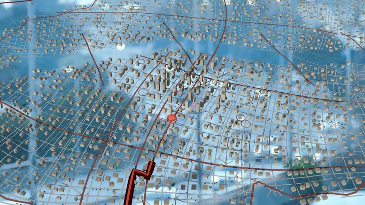 Translucent 3D city model activating, camera pulling back while red dot moving along route to pin