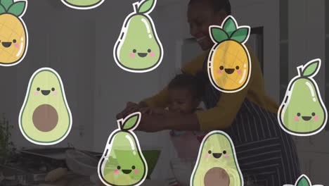 Múltiples-íconos-De-Frutas-Contra-Madre-E-Hija-Afroamericanas-Horneando-Juntas-En-La-Cocina