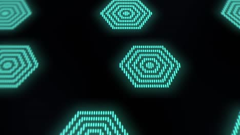 Sechsecke-Geometrische-Symbole-In-Reihen-Mit-Neonlicht-Auf-Schwarzem-Farbverlauf