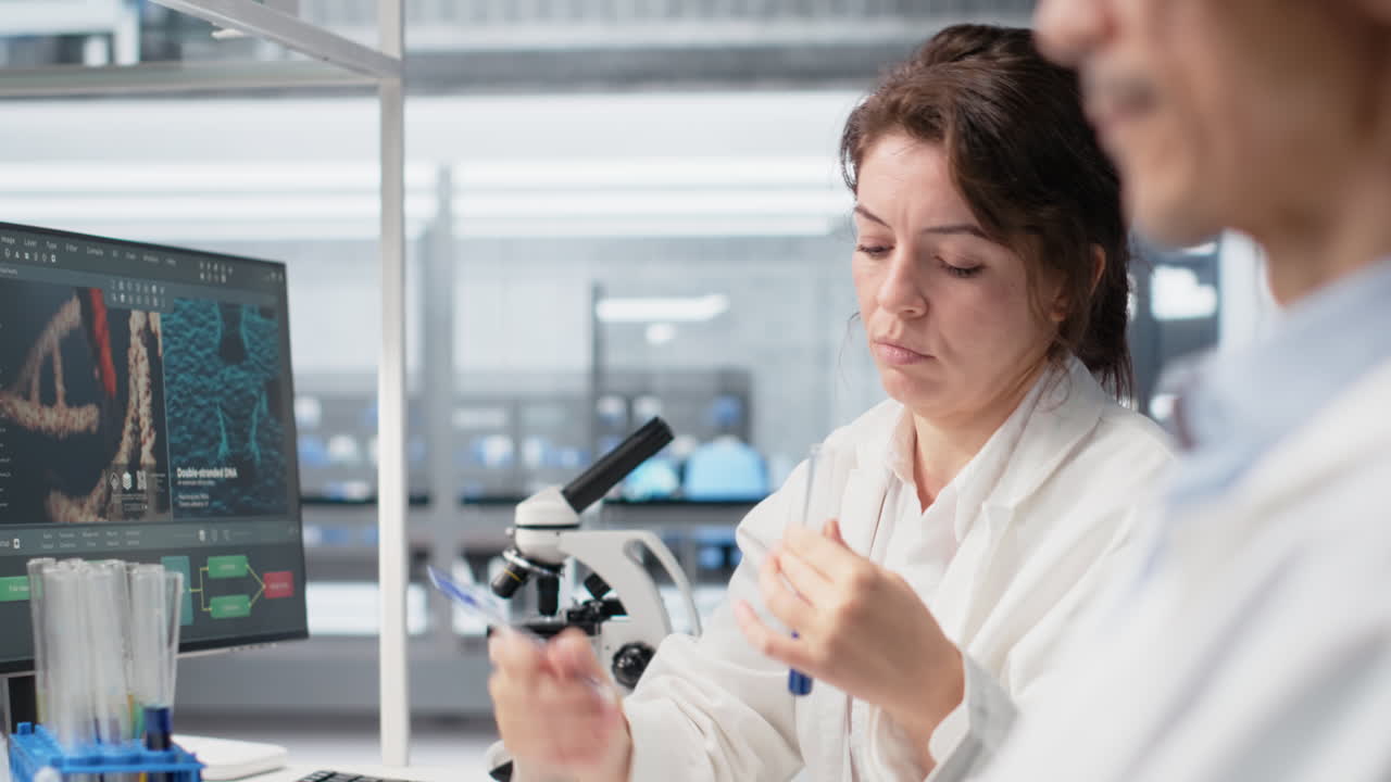 Vertical video Laboratory chemist investigates chemical behavior of liquid sample in test tube