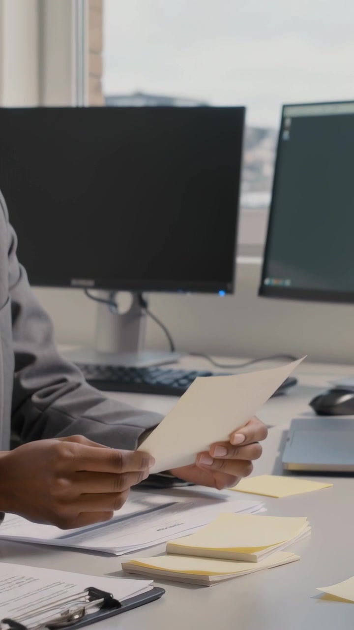 Vertical video: Lifting sheet, woman in gray blazer checking, placing sticky notes at desk to file