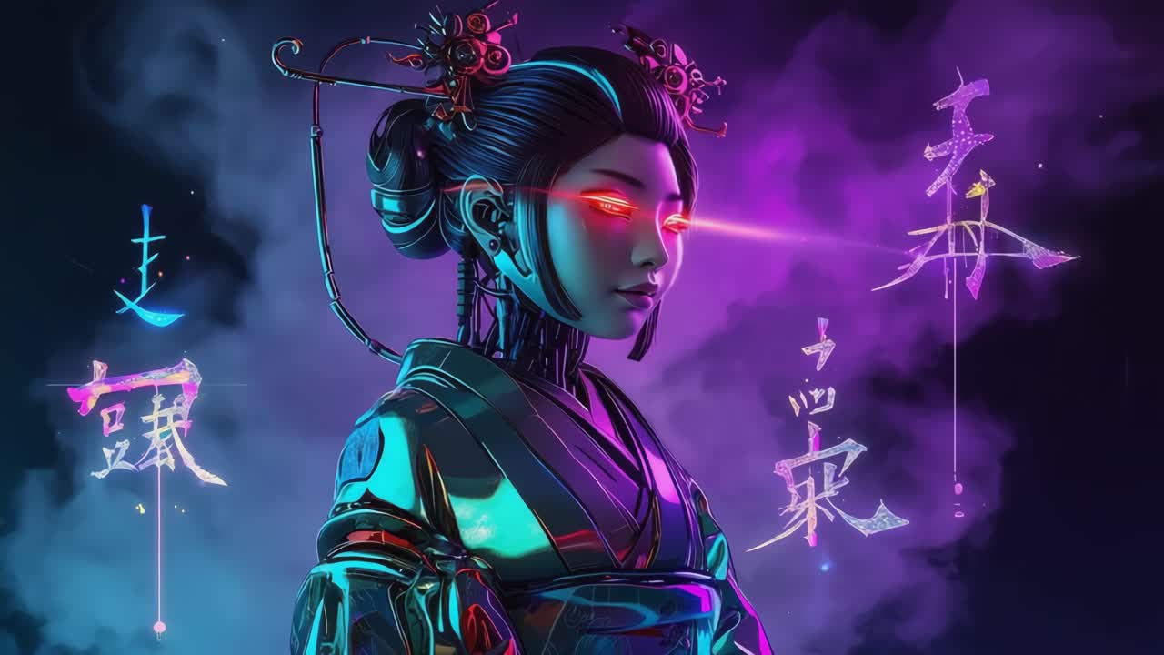 Cyberpunk Geisha with Glowing Red Eyes and Neon Aura