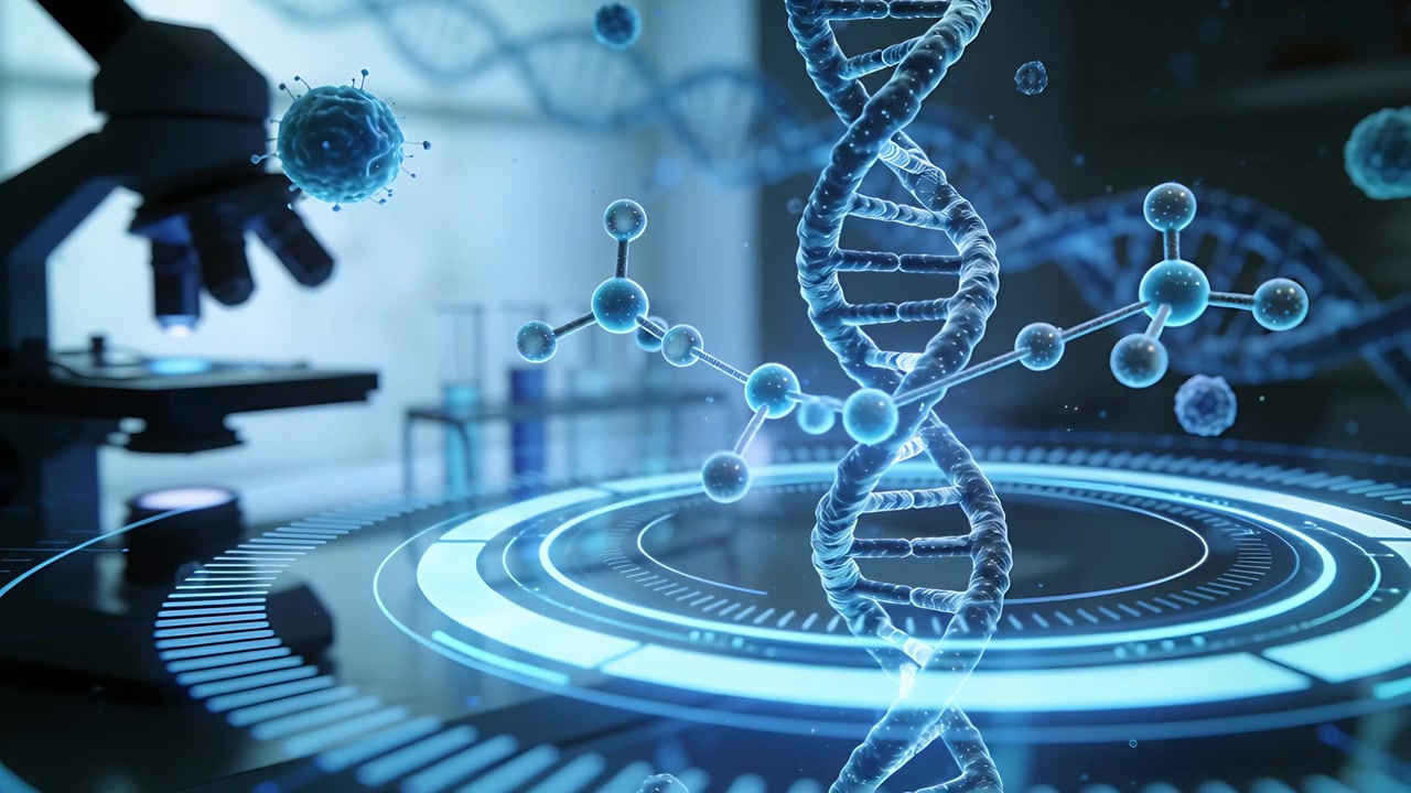 Attivando la piattaforma olografica, un'elica di DNA sale e ruota su un banco vicino a un microscopio e provette per lo studio.