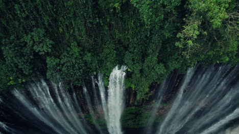 top view of tumpak sewu waterfall surrounded by lush forest