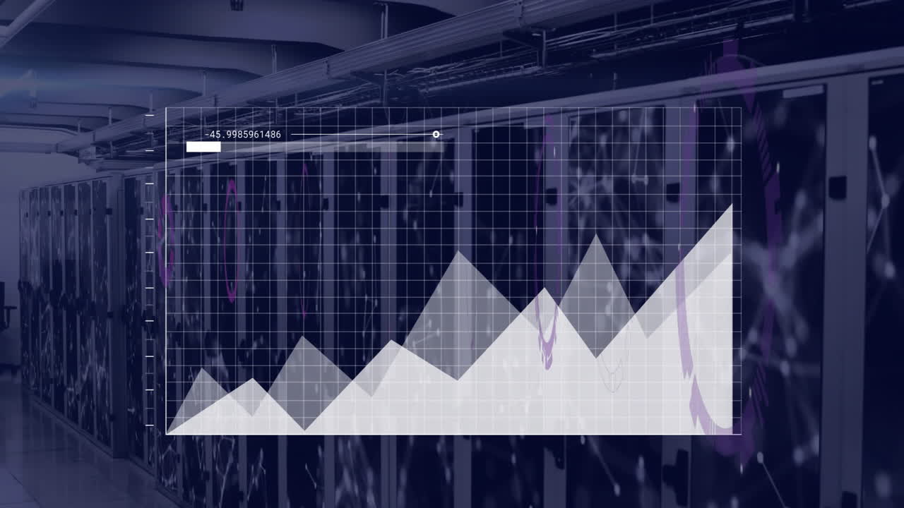 Stijgende grafiekanimatie over serverracks in een datacenteromgeving