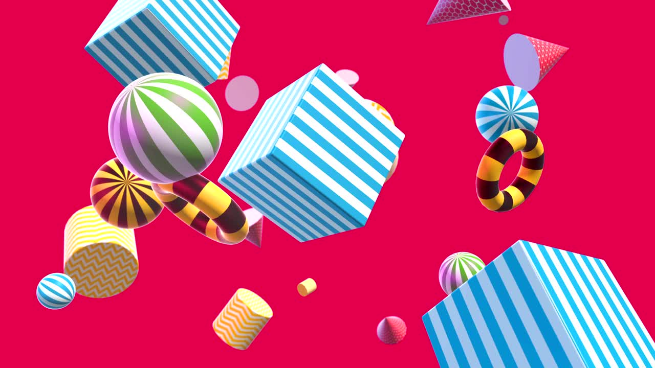 날아다니거나 떠다니는 간단한 기하학적 형태와 함께 추상적인 다채로운 배경, 다채로운 장식적인 loopable 3d 애니메이션, 밝은 현대 모션 구성.