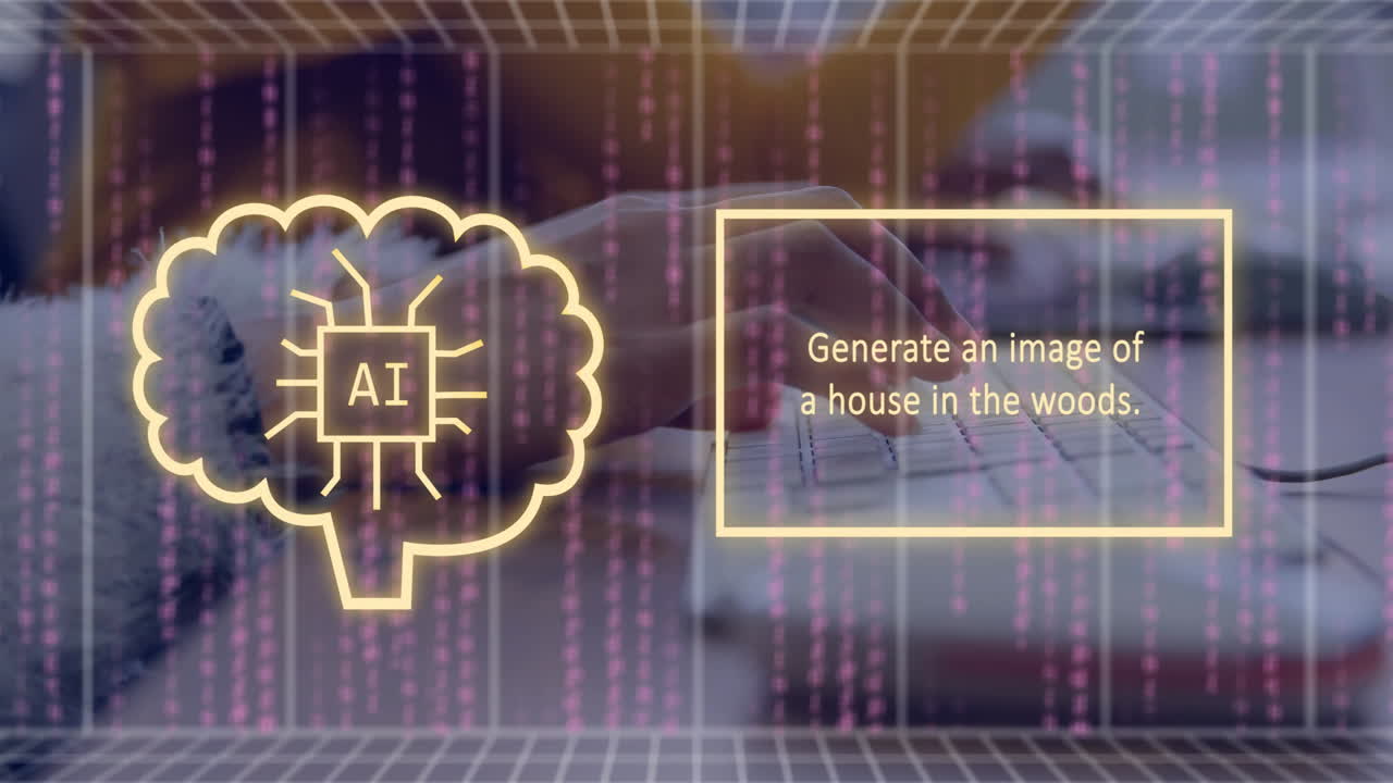 animación de un texto, cerebro y procesamiento de datos sobre mujer caucásica usando computadora