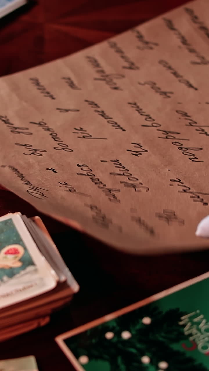 Santa's hands in white gloves holding the letter. Grandpa Claus puts the letter on the table among Christmas cards. Vertical video