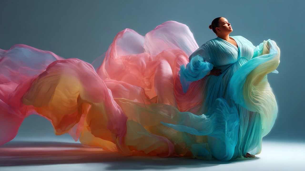 A captivating representation of artistry and expression featuring a model adorned in a flowing dress of vibrant colors that blend beautifully against a serene backdrop, embodying grace and creativity
