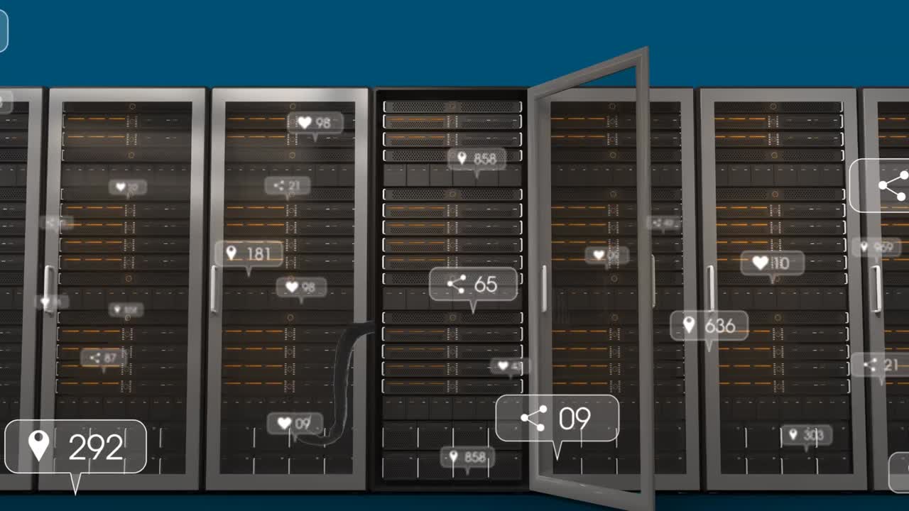 Animation of social media icons and data processing over computer servers