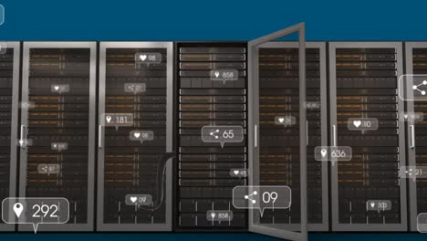 animation of social media icons and data processing over computer servers