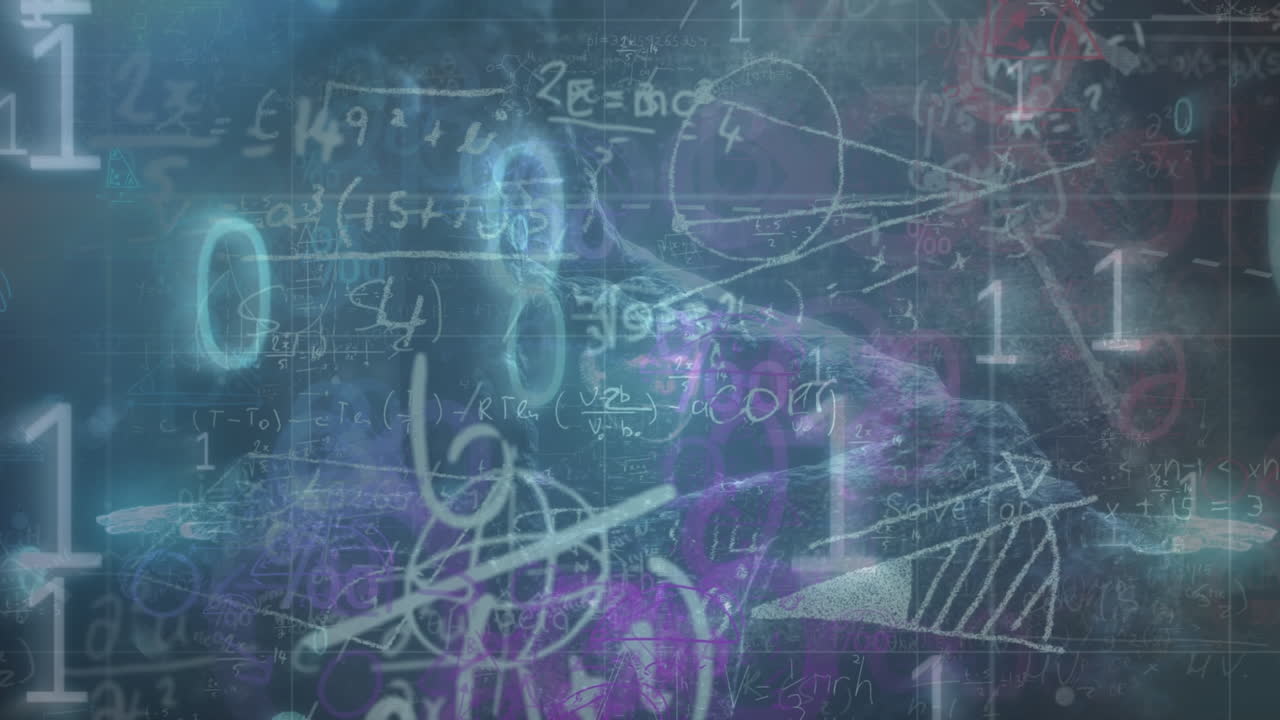 animación del procesamiento de datos y la cadena de adn en fondo azul