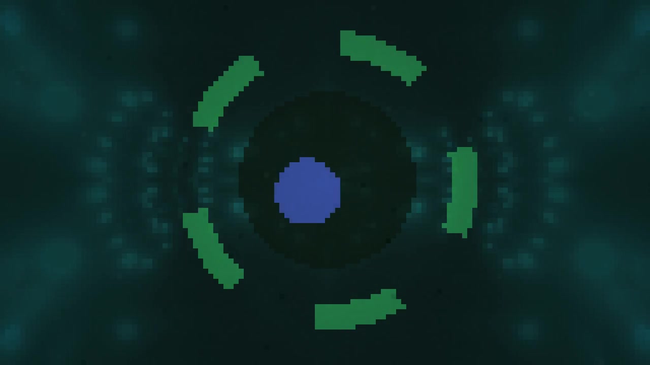 Abstract Pixel Art Animation with Rotating Green Arcs and Blue Circle