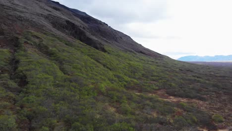 Luftaufnahme-Eines-Majestätischen-Berges-Im-Hochland-Von-Island,-Der-Auch-Einige-Klippen-Und-Pflanzen-Zeigt