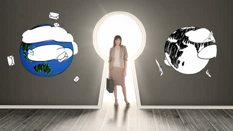 businesswoman posing in glowing keyhole surrounded by spinning earths