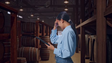 side view of an asian female professional worker standing with her tablet in cellar of winery, checking with dissapionted and nodding her shead