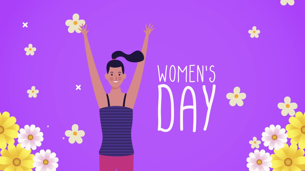 축하하는 소녀와 꽃과 함께 행복한 여성의 날 글자 카드