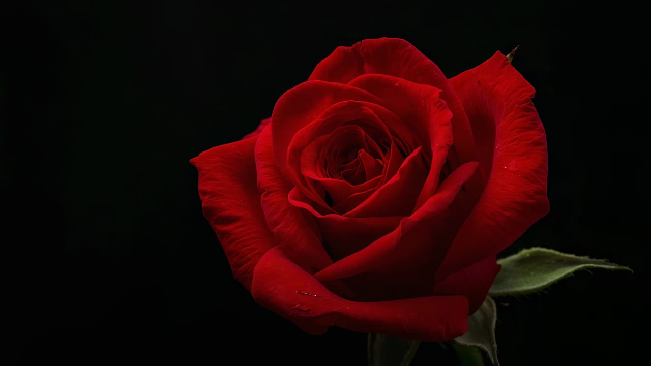 La camera effettua piccole variazioni di messa a fuoco, riprendendo una singola rosa rossa in studio che mostra goccioline e petali stratificati