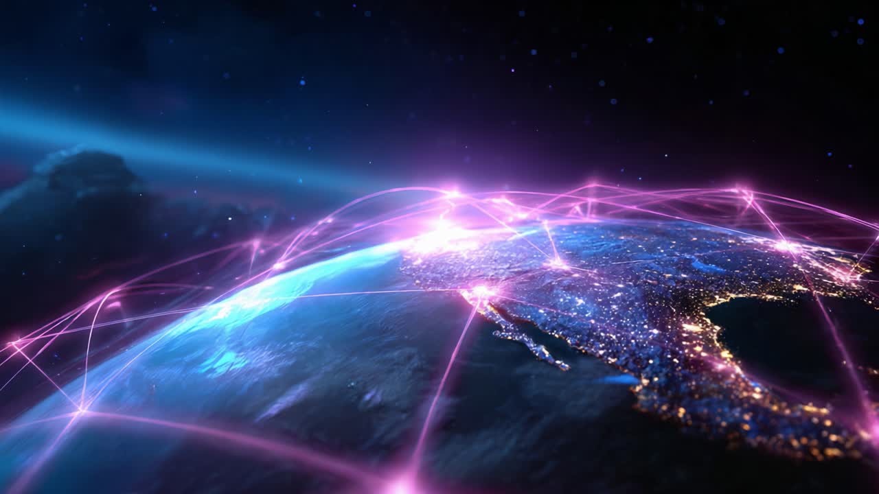A captivating view of Earth from space, showcasing vibrant networks of glowing connections that symbolize the interconnectedness of global communication, technology, and information across vast distances