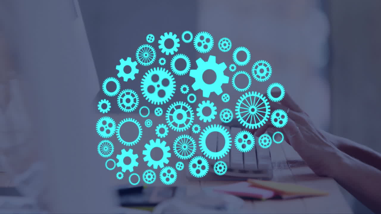 Animation of ai brain with cogs over caucasian man typing on computer