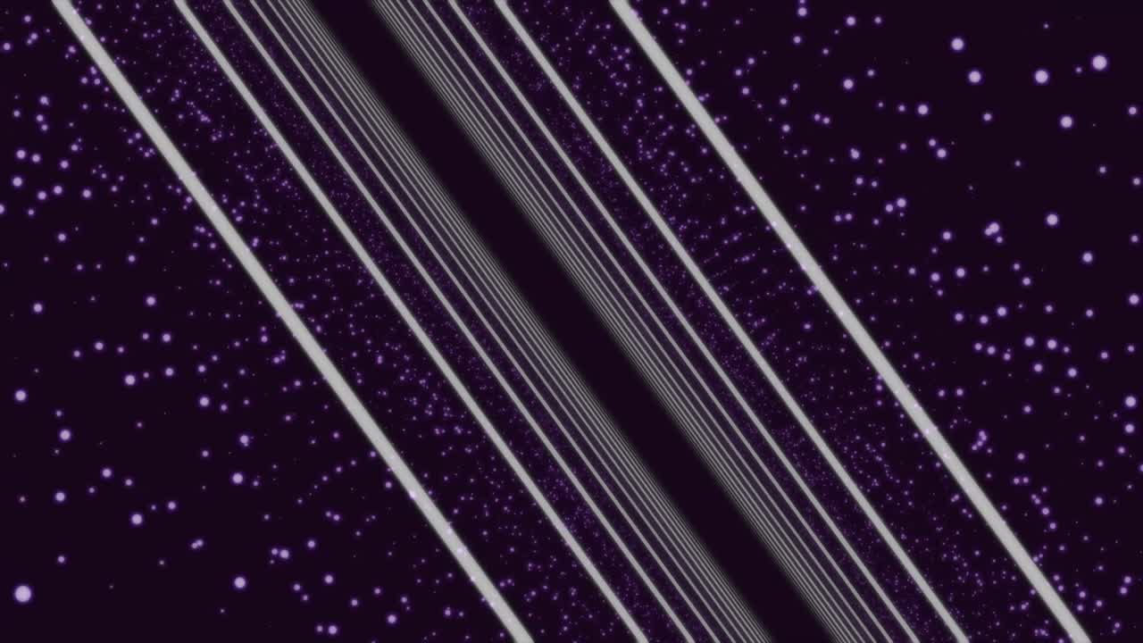 líneas blancas rectas moviéndose y girando con pequeños puntos en fondo púrpura, bucle sin costuras. animación. fondo punteado lila con líneas blancas giratorias