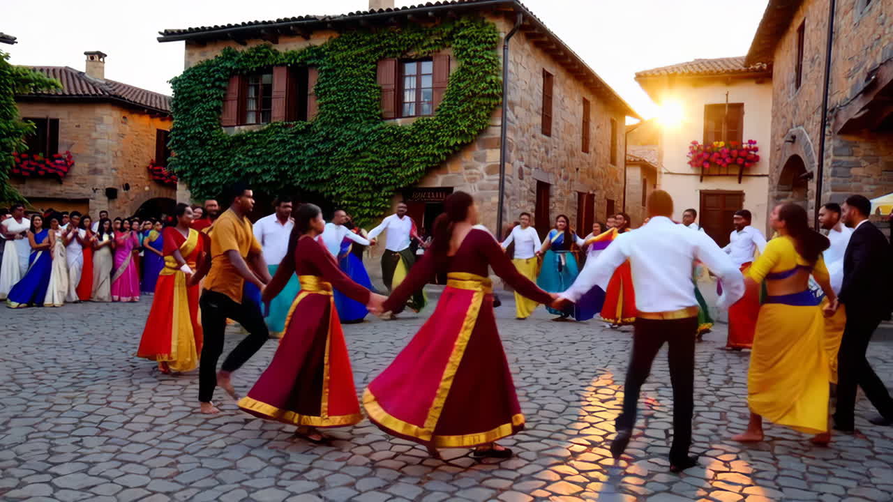 Traditional Indian Dance Performance in a European Village at Sunset