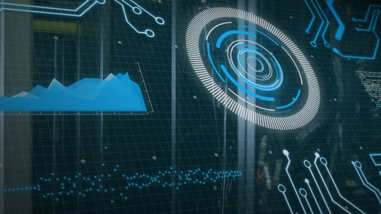 Animation of digital interface with futuristic graphics over grid background