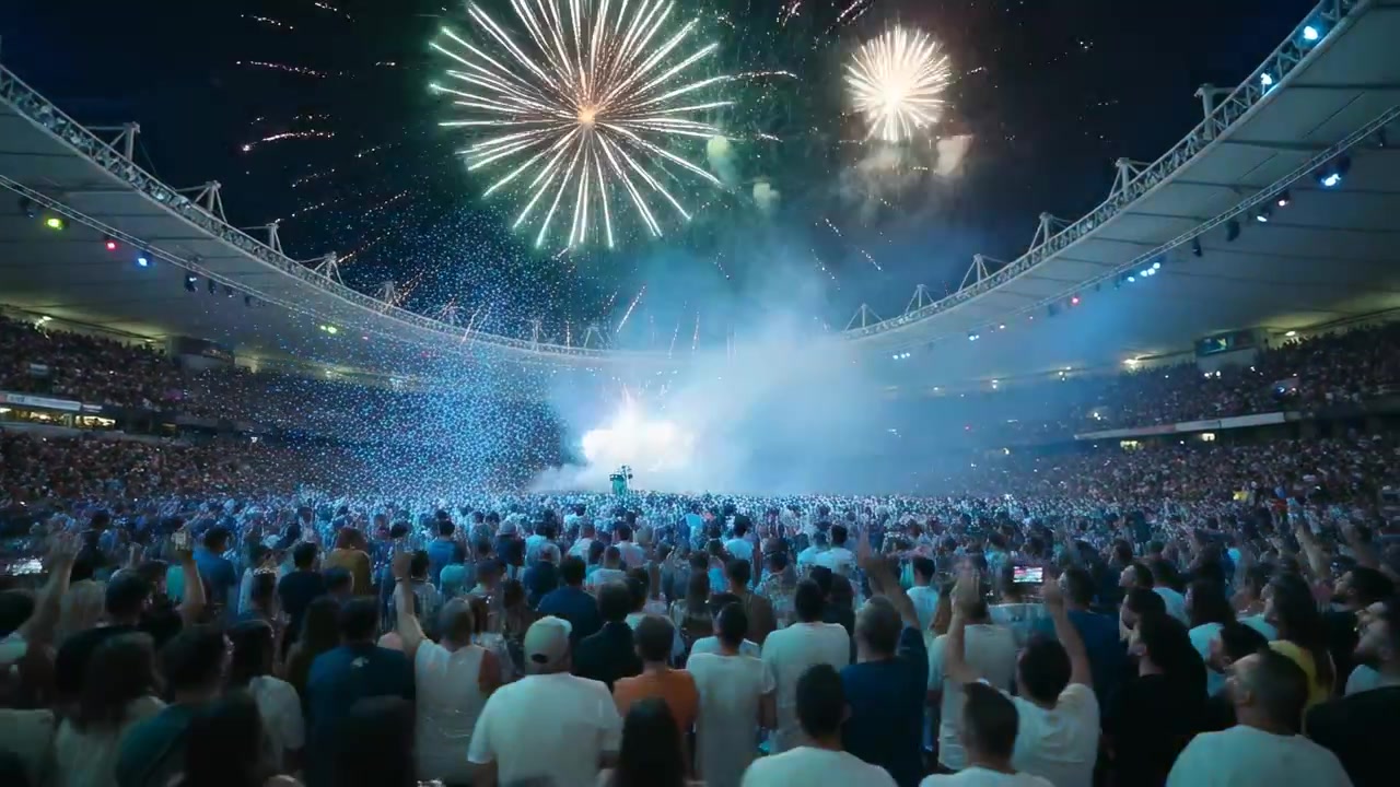 Bereaksi terhadap kembang api yang mulai menyala, kerumunan konser mengangkat ponsel dan bersorak di stadion, dengan konfeti.