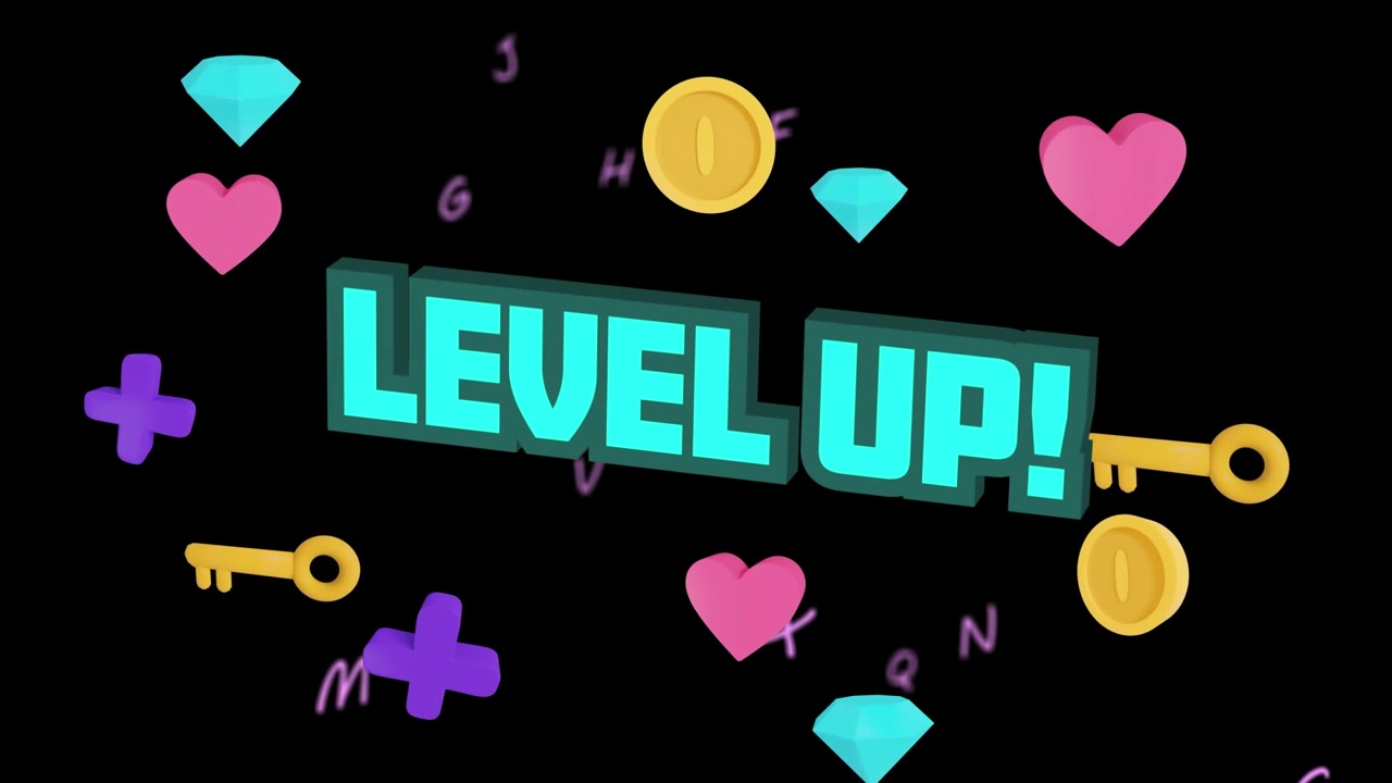 Animation of level up, hearts, diamonds and keys on black background