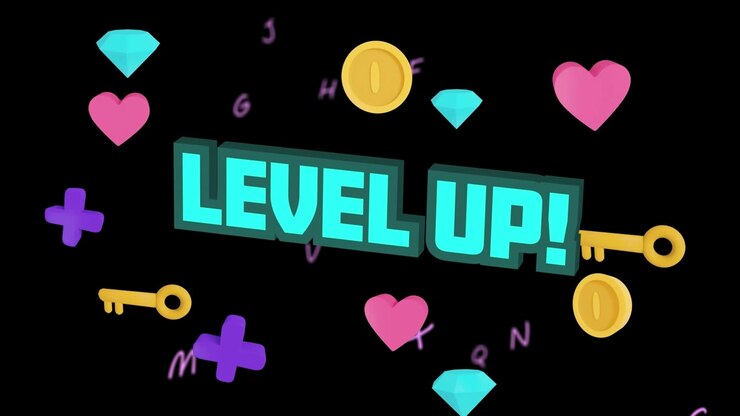 Animation of level up, hearts, diamonds and keys on black background