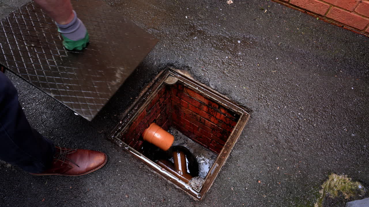 맨홀 개구부 광장 중금속 배수구 덮개 제거 시인성이 높은 조끼를 입은 남자