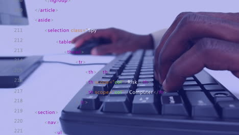 animation of data processing against mid section of a man using computer