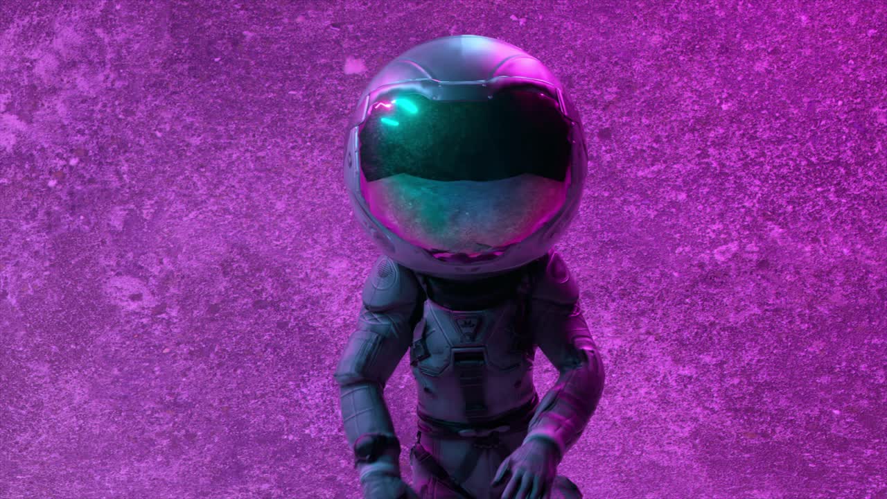 astronauta animado en un escenario de neón púrpura