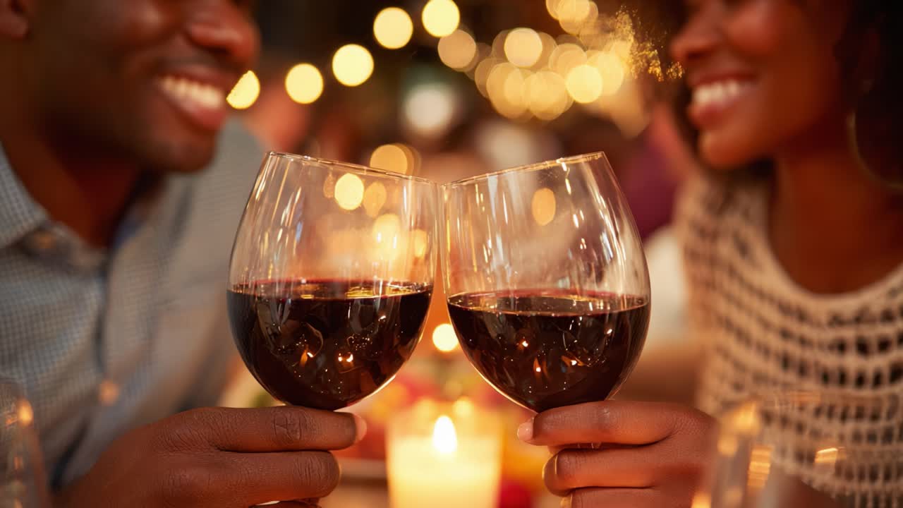 A Romantic Evening: A Couple Clinking Glasses of Red Wine in a Warmly Lit Setting, Celebrating Love and Togetherness Amidst Soft Candlelight and Twinkling Lights