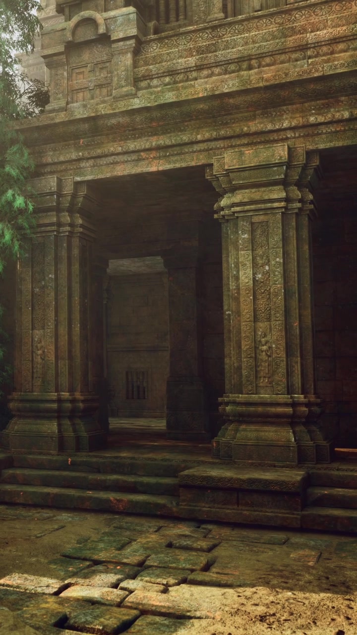 Ingresso di un tempio in pietra in un ambiente forestale durante le ore diurne.